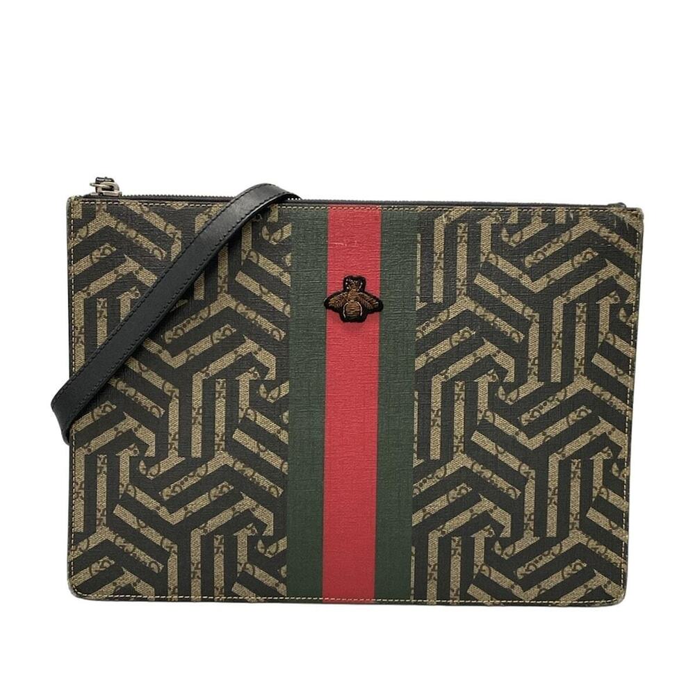 GUCCI GG Plus Supreme Kaleido Sherry Web Shoulder Bag Beige Brown Leather
